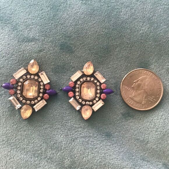 None Jewelry - Art Deco Statement Earrings Purple Pink Gold Tone Geometric